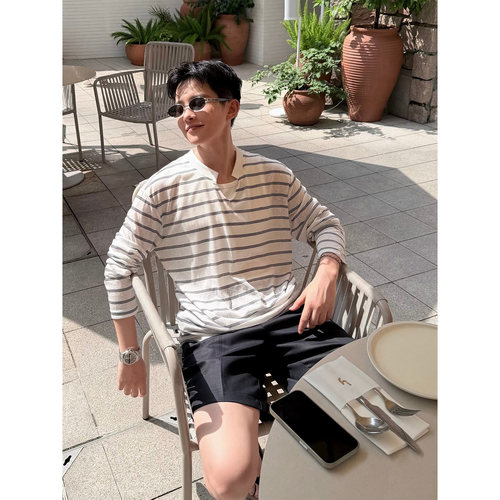 Alder Mere 时髦简款 莱赛尔开叉圆领条纹防晒T恤 男女同款