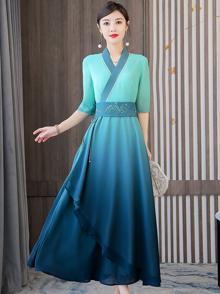 只此青绿舞蹈服改良汉服女中国风长裙超仙气汉元素显瘦飘逸连衣裙_虎窝淘