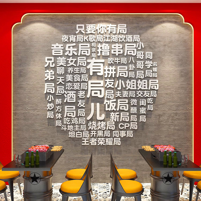 网红酒吧氛围装饰墙面自粘3d立体烧烤撸串串创意背景墙店铺贴纸