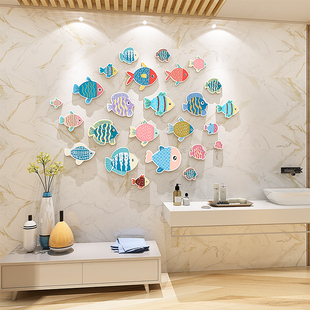 洗手间布置可爱装 饰3d背景墙面遮丑补洞小鱼图案防水自粘浴室贴纸