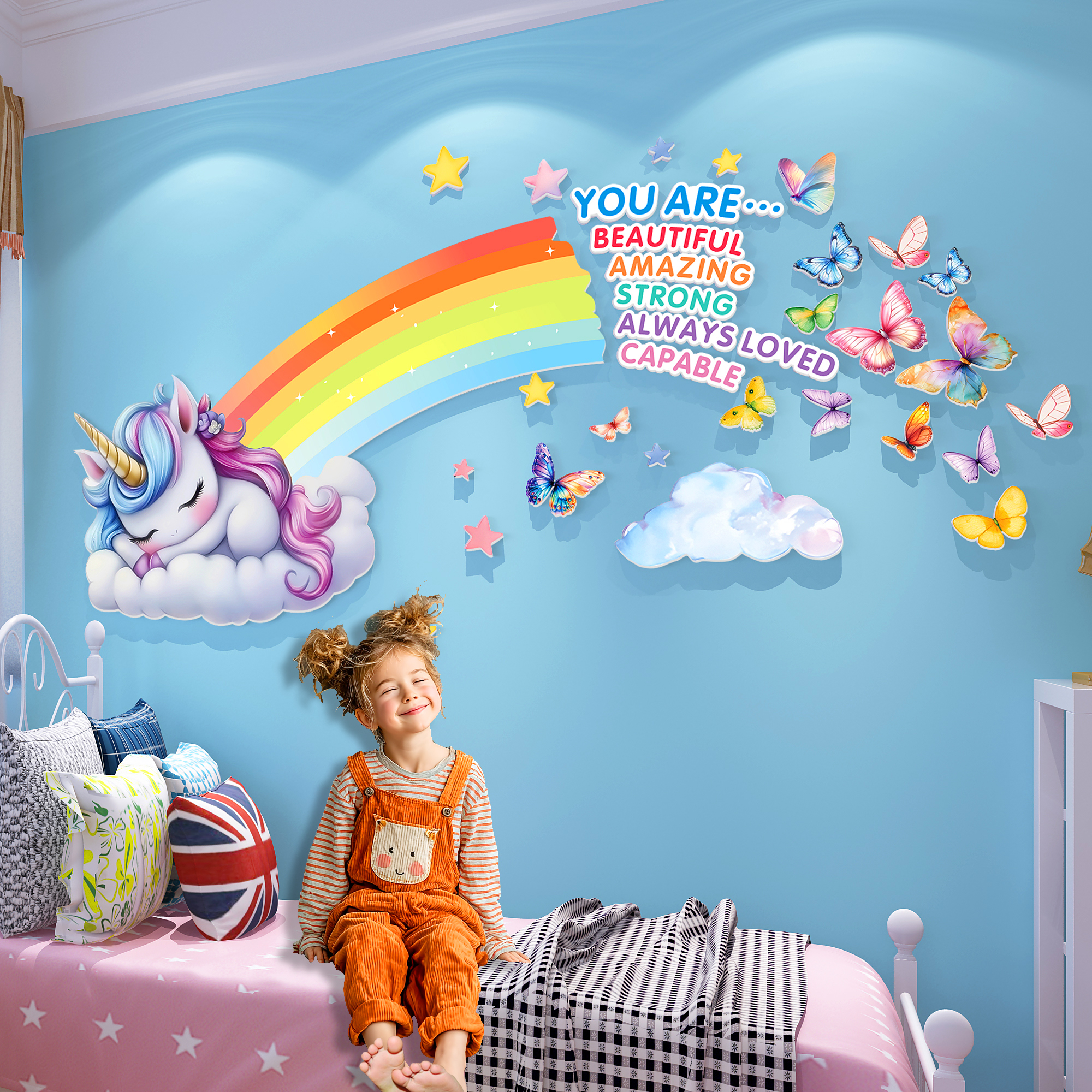 小女孩卧室布置卡通装饰小马宝莉宝宝房间背景墙面独角兽自粘贴纸