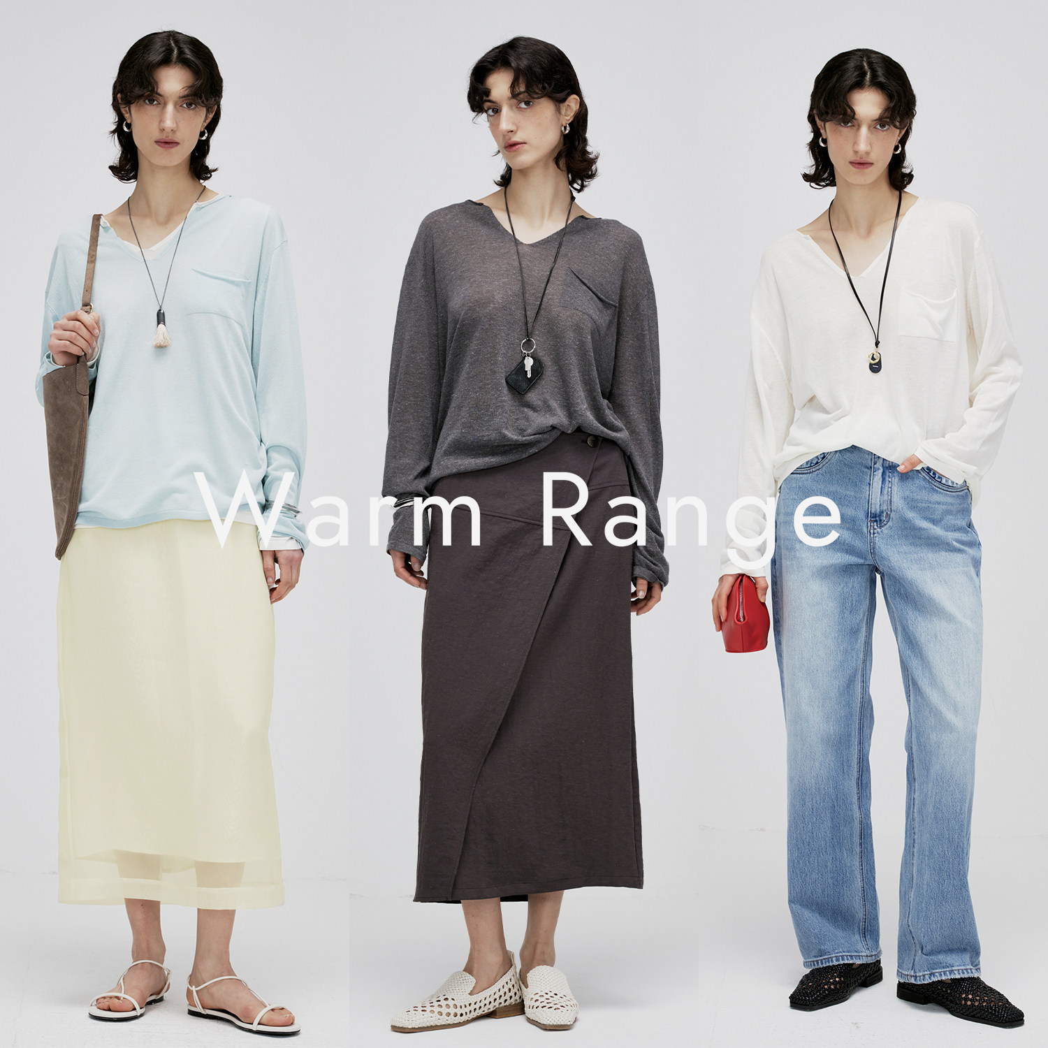 Warm Range v领宽松天丝亚麻薄针织罩衫夏季叠穿外搭T恤长袖女图片