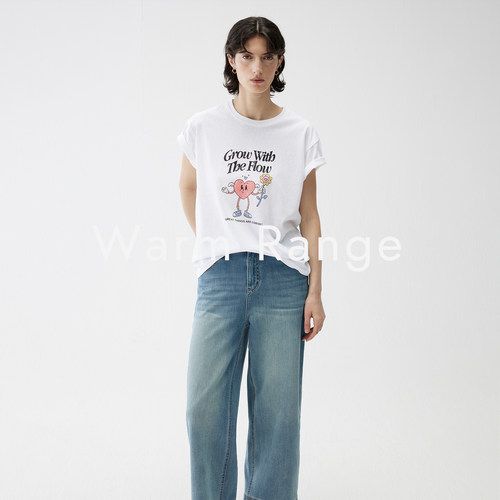 Warm Range休闲爱心印花正肩白色T恤女夏季新款圆领短袖百搭小白T
