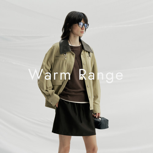 Warm Range 翻领皮拼短外套女秋冬新款通勤百搭下摆收褶挺括夹克