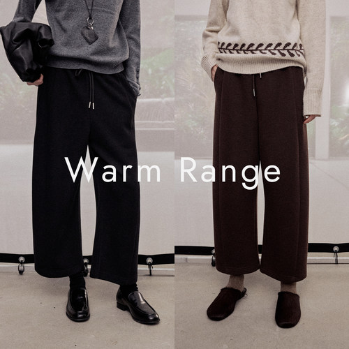 Warm Range 黑色醋酸羊毛九分裤女秋冬加绒弯刀休闲裤