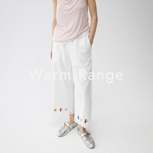 warm range 松紧腰镂空花边白色九分裤夏季趣味彩色刺绣休闲裤女