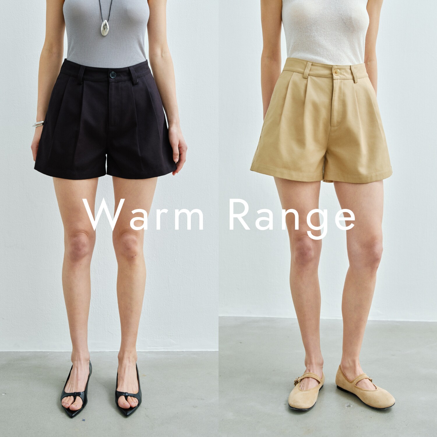 Warm Range 立体褶皱A字三分短裤女夏季简约干练黑色休闲短西裤