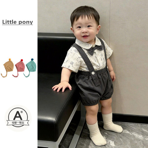 婴儿夏季新款套装男宝宝绅士风领结短袖衬衫背带短裤两件套周岁服