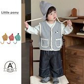 新款 套装 男童可爱格子马甲外套打底衫 婴儿2026春季 牛仔裤 外出服潮