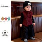 新款 套装 男女童红色新中式 婴儿冬季 毛呢马甲新年喜庆生日周岁套装