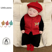 婴儿秋冬新款 马甲新年周岁套装 新中式 红色马甲男宝宝国风刺绣无袖