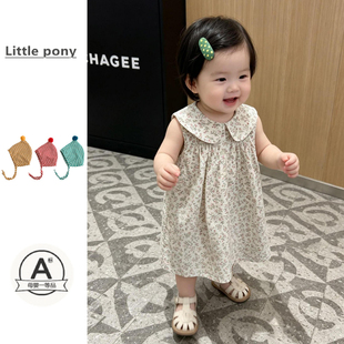 女童夏季可爱碎花连衣裙娃娃领无袖A字裙公主裙甜美小清新背心裙