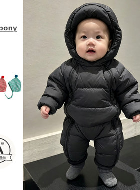 婴儿连帽羽绒服男女宝宝加厚保暖白鸭绒长款爬服冬季新款外出抱衣