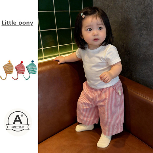 女宝宝春夏新款裤子儿童韩版可爱条纹长裤短袖T恤百搭舒适防蚊裤