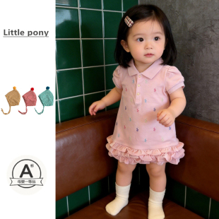 刺绣花边公主短裙 学院风polo领连衣裙儿童可爱泡泡袖 宝宝夏季 新款