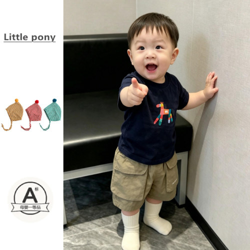 男童夏季新款套装男宝宝可爱小马印花短袖T恤工装口袋短裤两件套