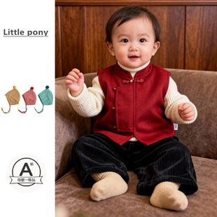 宝宝冬季中式红色马甲男女童加厚保暖双面呢马甲拜年服周岁服套装