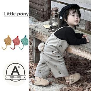 婴幼儿休闲外出服 上衣套装 韩国童装 女宝宝春秋可爱毛球连体背带裤