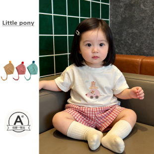 可爱小熊短袖 套装 T恤格子短裤 卡通半袖 两件套2026新款 婴幼儿夏季