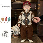 灯芯绒长裤 男童春季 两件套潮 宝宝复古菱格纹长袖 针织开衫 新款 套装