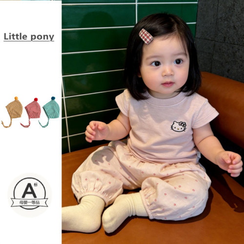 婴幼儿夏季新款短袖T恤女宝宝可爱KT猫T恤百搭甜美洋气上衣两件套