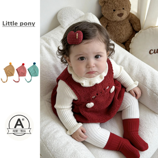 女童可爱风红色毛绒加厚背心裙两件套女宝宝羊羔绒新年背带裙套装