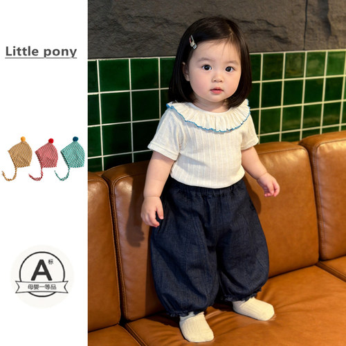 儿童夏季新款裤子女宝宝韩版可爱束脚裤薄款牛仔裤短袖T恤两件套