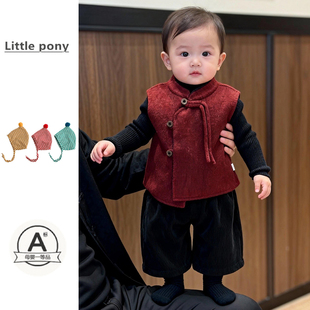 婴儿衣服秋冬新款双面呢马甲新中式红色新年马甲坎肩三件套拜年服
