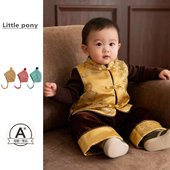 男童新中式 夹棉马甲三件套宝宝中国风织金提花马甲背心新年周岁服