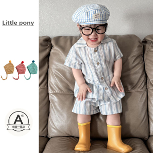 短裤 婴儿衣服夏季 男女宝宝洋气条纹衬衫 25儿童套装 舒适两件套 薄款