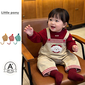 打底衫 女童春季 两件套 套装 宝宝超萌格子背带裤 新款 可爱卡通连体裤