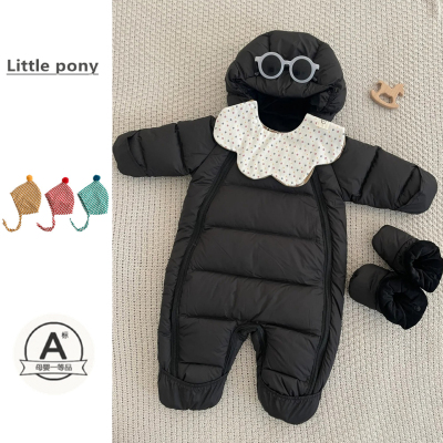婴儿冬季新款羽绒服男女宝宝保暖羽绒连体衣儿童长袖连帽外出爬服