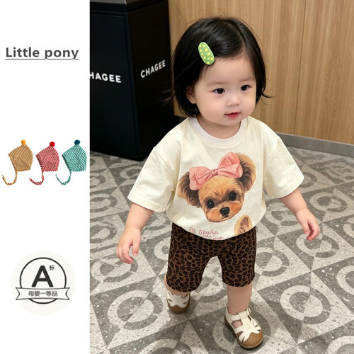 女宝宝夏季卡通小狗印花T恤套装可爱圆领短袖T恤豹纹骑行裤两件套