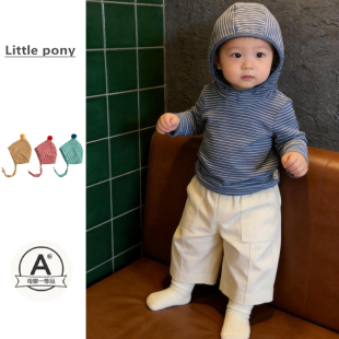 新款 条纹连帽卫衣套装 裤 简约直筒裤 子男宝宝韩版 儿童衣服2026春季