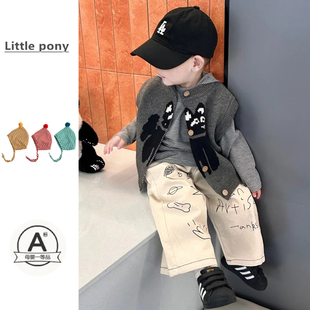 婴儿衣服26秋季新款套装男宝宝条纹连帽打底衫卡通针织马甲两件套