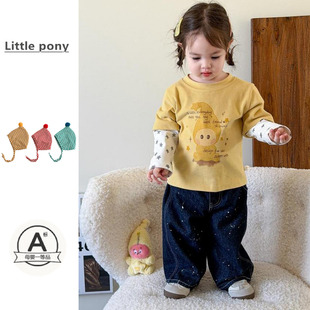 女宝宝春季新款裤子婴儿韩版可爱直筒牛仔裤假两件长袖T恤两件套