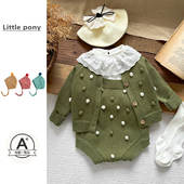 新款 套装 女宝宝可爱针织开衫 婴幼儿秋季 包屁背带裤 两件套针织爬服