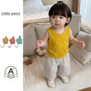 新款 套装 无袖 纯色T恤条纹直筒裤 背心两件套儿童韩版 宝宝2026夏季