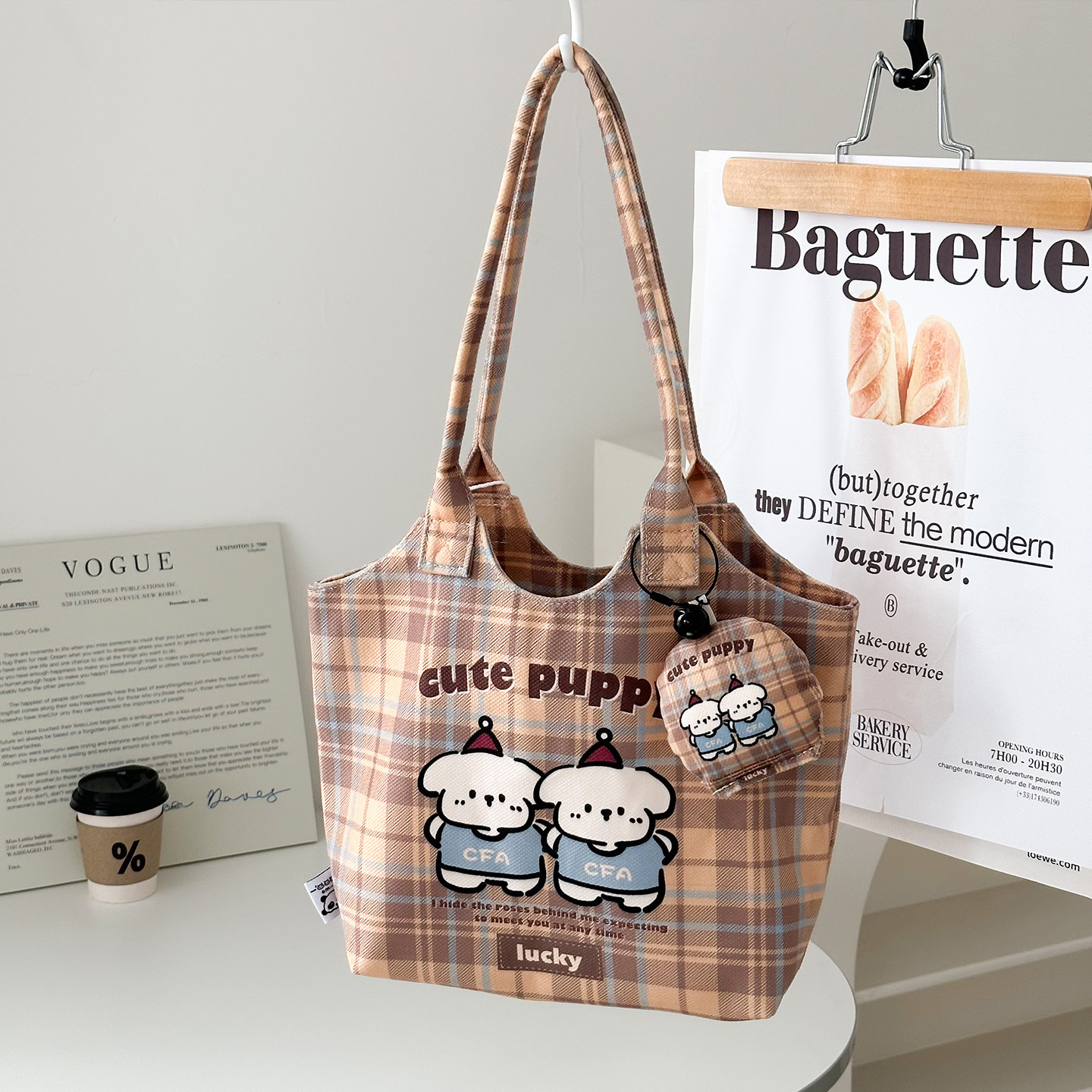 可爱格纹托特包女2025新款大容量学生上课手提包时尚百搭单肩包包