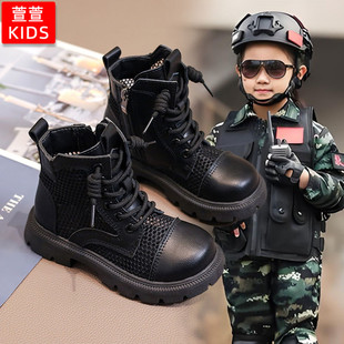 夏季薄款镂空儿童马丁靴男款军训表演女童靴子黑色透气网潮酷短靴