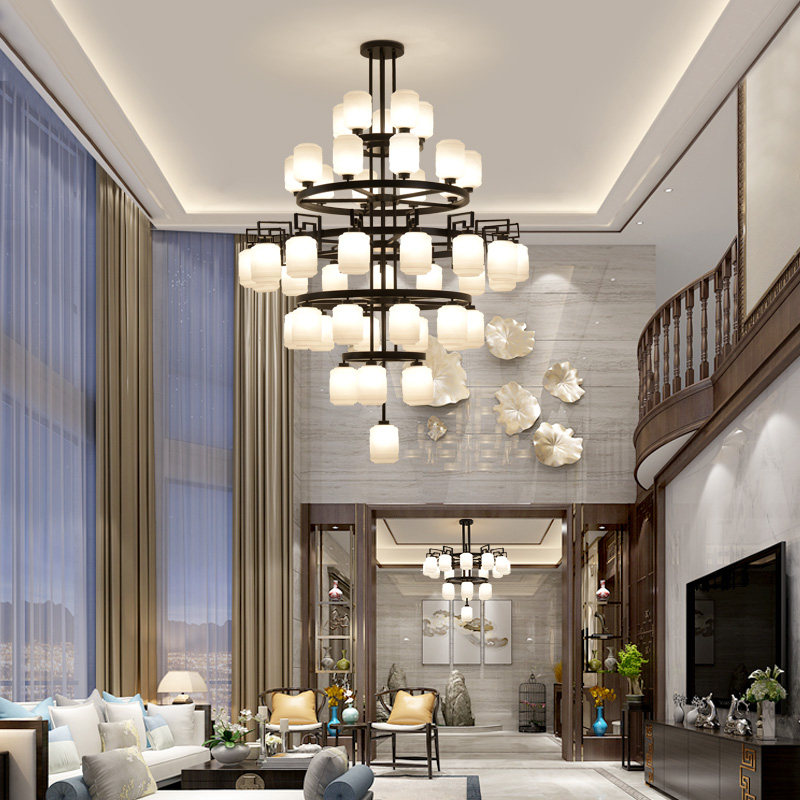 新中式复式楼大吊灯别墅客厅工程楼中楼挑空现代简约轻奢楼梯灯具_虎窝淘