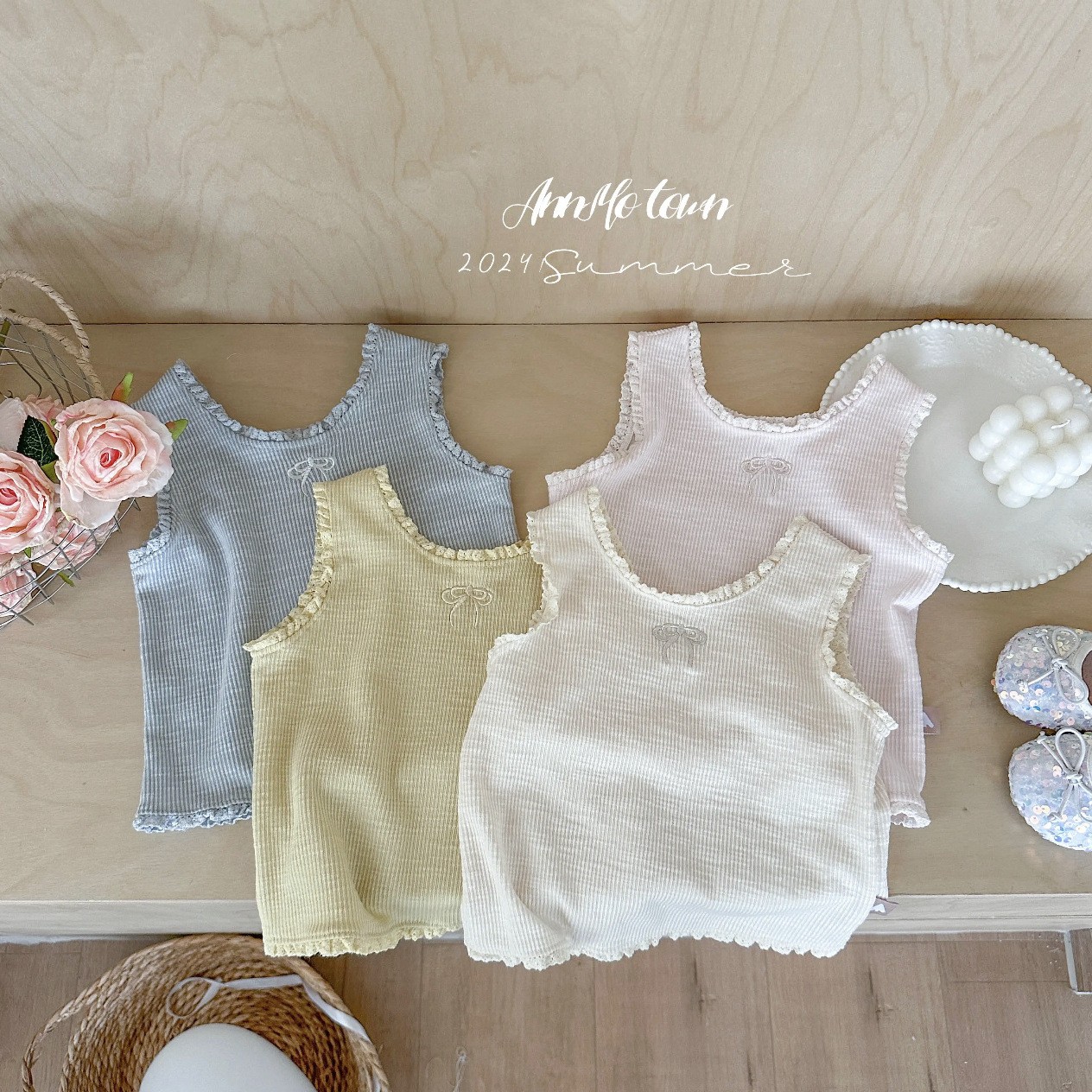 女童刺绣木耳边小背心女宝可爱洋气夏天好穿坑条纯棉百搭内搭吊带