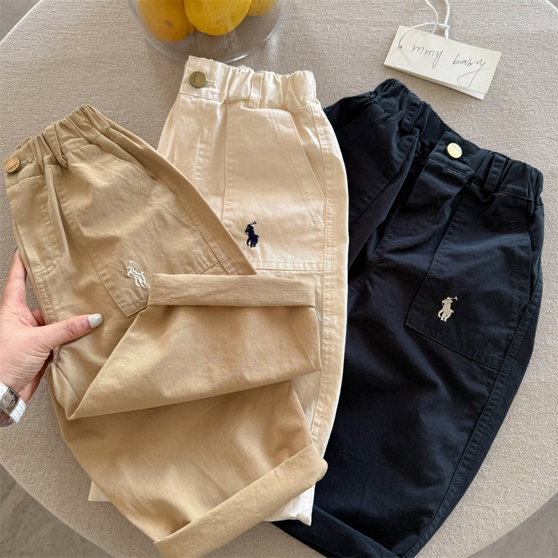 儿童休闲裤2025春秋季新品男女童刺绣口袋长裤男孩宝宝宽松棉布裤