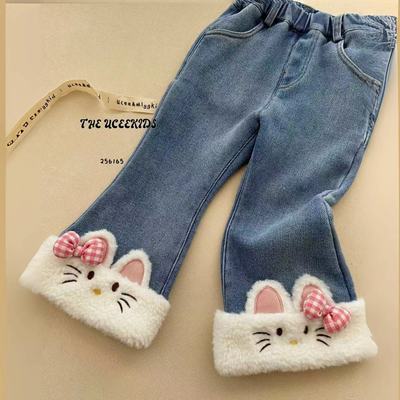 女童冬季卡通猫咪弹力加厚牛仔裤