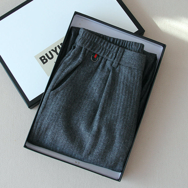 男士高端定制毛料休闲裤宽松微阔腿羊毛混纺直筒长裤春秋爸爸男裤