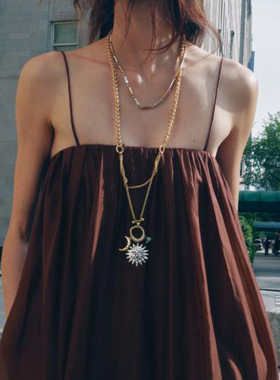 ZA夸张月亮太阳手工编织多层项链吊坠长款颈链毛衣链