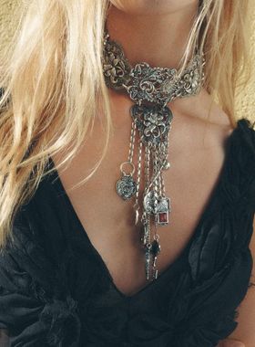 ZA波西米亚复古潮流合金古银做旧挂链形流苏女款项链necklace