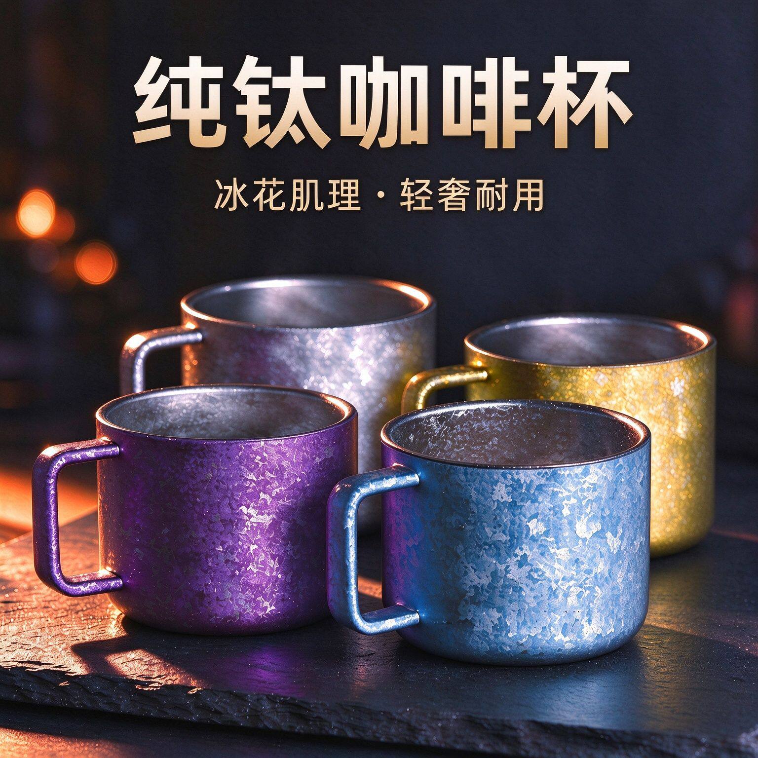 纯钛冰花咖啡杯带手柄便携抑菌精致钛杯办公室家用防烫耐用泡茶杯