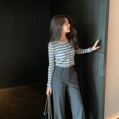 女春秋内搭外穿百搭长袖 bigyu 上衣 灰色条纹针织开衫 薄款 修身 短款