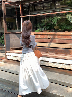 bigyu法式大裙摆木耳花边中长款半身裙女春秋百搭A字伞裙白色长裙